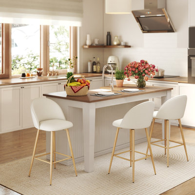 26" Swivel Counter Stool  Beige Fabric Seat with Oak Legs Modern Design for Kitchen Dining and Bar Use