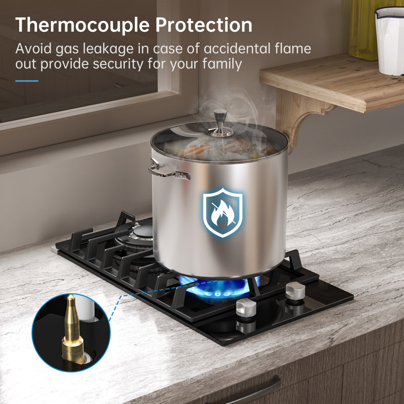 Réchaud à gaz 12 pouces à double combustible encastré au propane / gaz naturel, verre trempé noir, avec protection par thermocouple