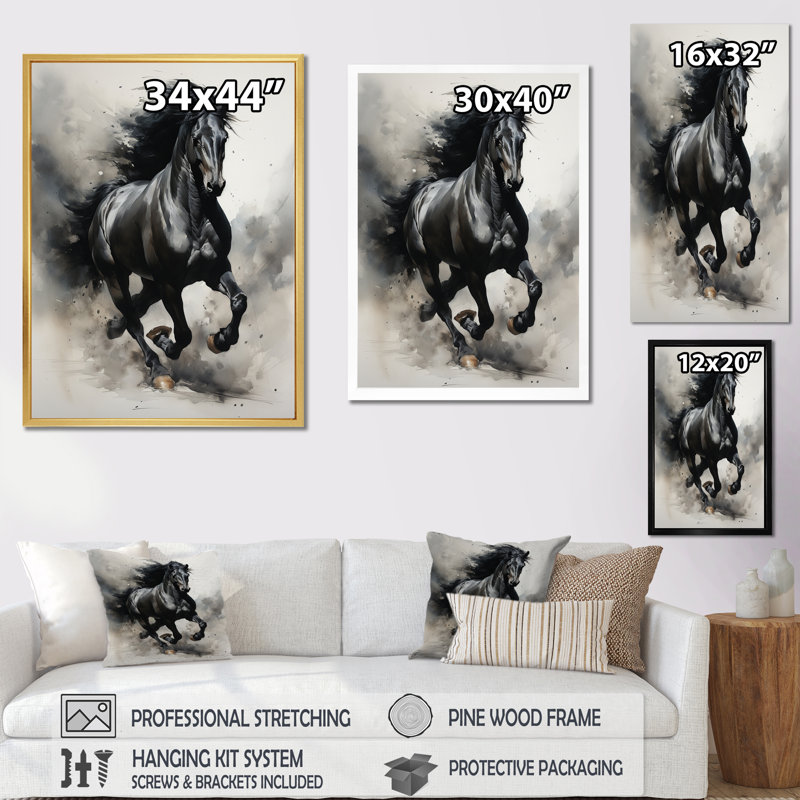 " Black Horse Galopping Ink ", Black Single Picture Framed, 32" H x 24" W x 1" D