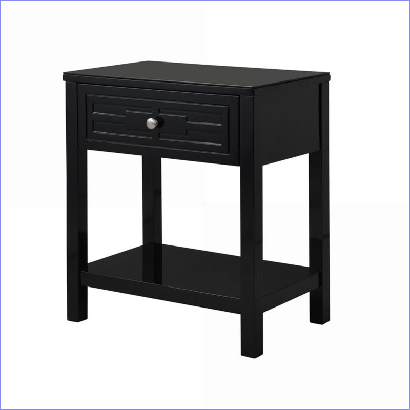 Table de chevet en bois noire 23 po avec plateau en verre et tiroir Dylan, Noir