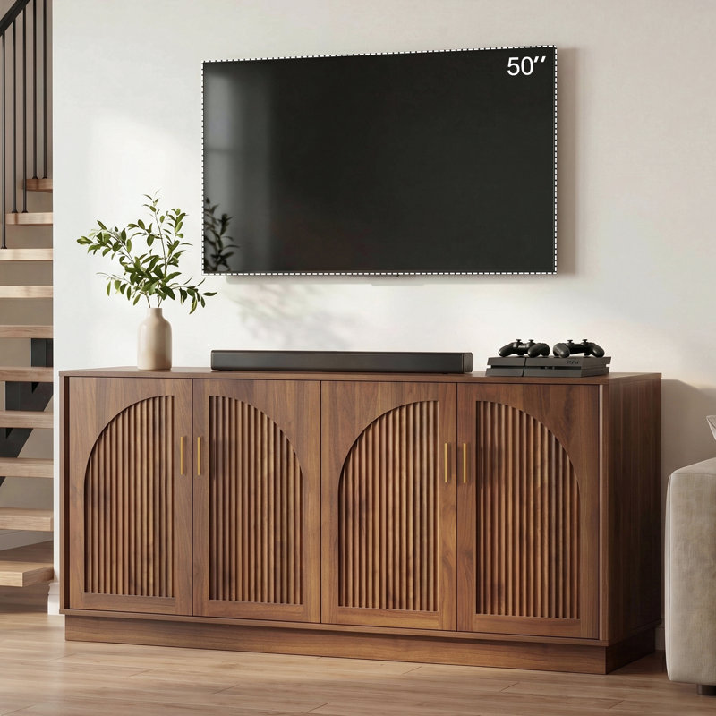 Buffet avec détails arqués inversés, buffet de luxe Mid-Century 63 po, noyer, L 63 po x l 15,7 po x H 31,7 po, Noyer