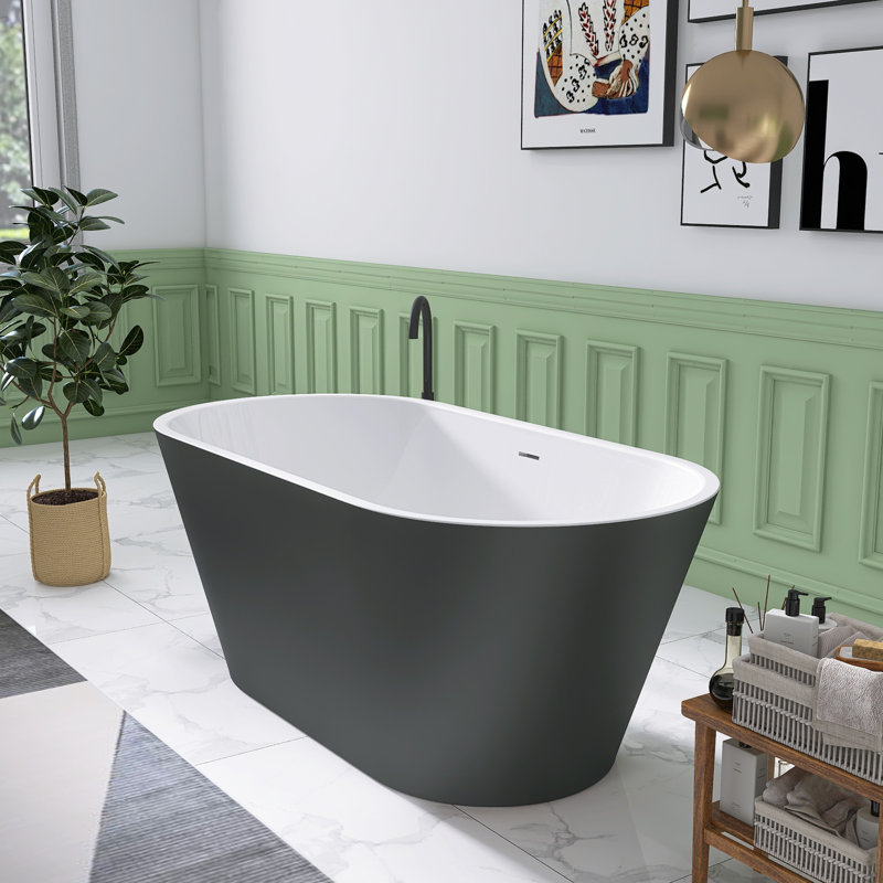 59'' x 30'' Freestanding Soaking  Bathtub Matte Grey Contemporary Slipper Extra Deep Oval Tub with Center Drain