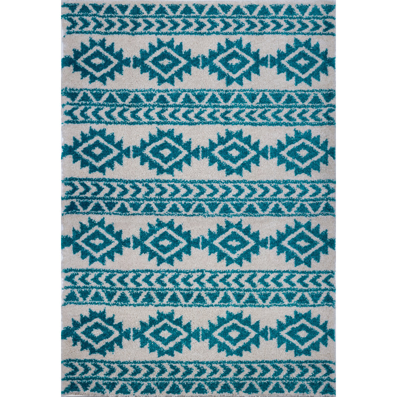 Tapis géométrique ivoire / turquoise Shirehampton, Rectangle 6 pi 5 po x 9 pi 5 po