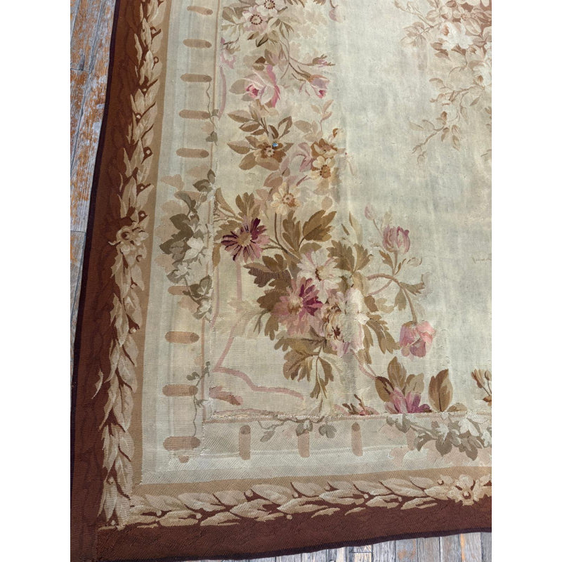 1850s Ivory Ground Floral Medallion Antique French Aubusson Flatweave Wool Rug