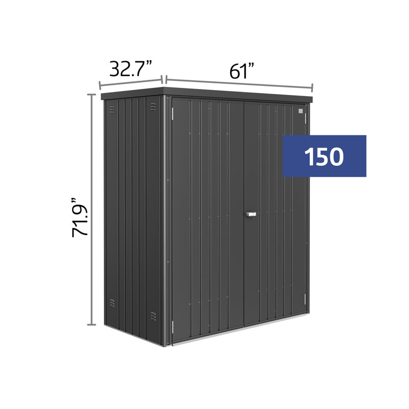 Biohort Equipment Locker 150 5' L x 2.7' D x 6' H Water Resistant Metal Tool Storage Shed with Lock Dark Gray, No