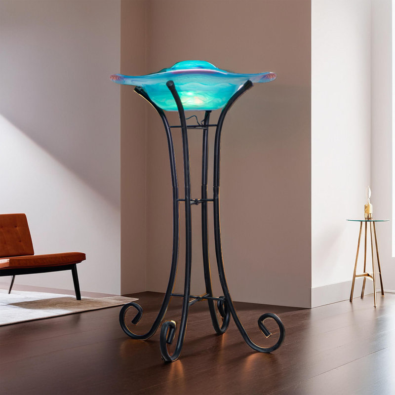 27" Tall Floor Mist Fountain with 12 Color Changing LED Lights and Inline Control - Blue Glass and Metal Design, Blue Freestanding Indoor