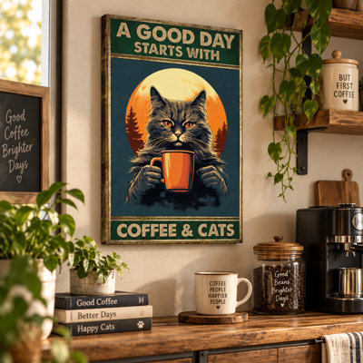 A Good Day Starts With Coffee And Cats Wrapped Canvas Wall Art - Living Room, Bedroom, or Office Décor
