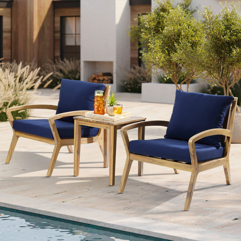 Ensemble de conversation d'extérieur en bois d'acacia pour 2 personnes avec coussins Chanon (ensemble de 3 pièces), Bleu
