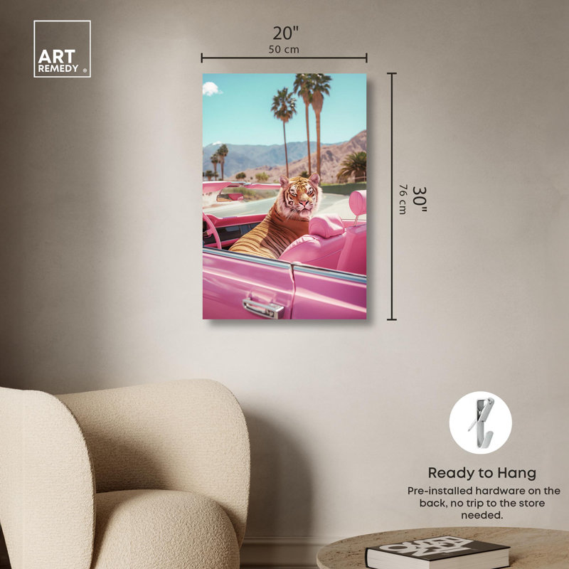 Art mural rose sur toile Rosy Tiger's Ride II par Art Remedy, Toile tendue, H 30 po x l 20 po