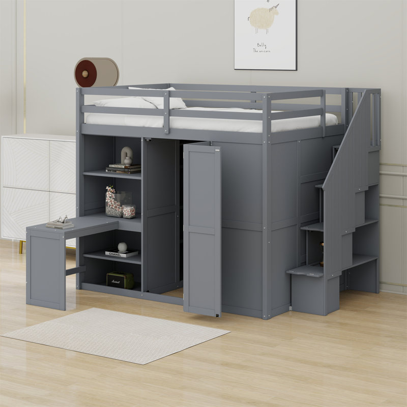 Loft Bed With Wardrobe,Desk And Shelves, Grey