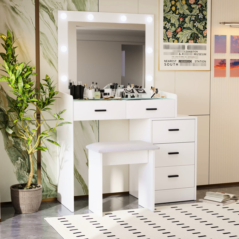 Coiffeuse blanche avec miroir tactile et tabouret à tabourets à compartiments multiples intégrés