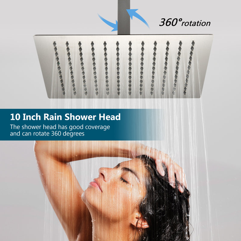 10" Bathroom Luxury Combo Set Ceiling Mounted Rainfall Shower Head And Handle System, Brushed Nickel