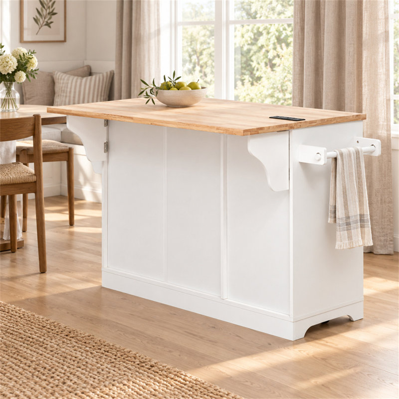 Îlot de cuisine à roulettes de 150,6 cm (59,3 pouces) avec plateau rabattable en bois d'hévéa, rangement coulissant et poubelle intégrée, blanc