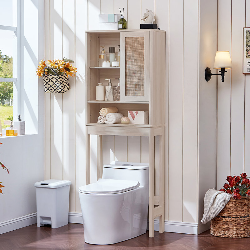Over The Toilet Storage Cabinet With Rattan Sliding Door, 68" Tall Wood Above Toilet Bathroom Organizer W/Adjustable Shelf & Curved Profile, Space Saver Freestanding Washer Shelf