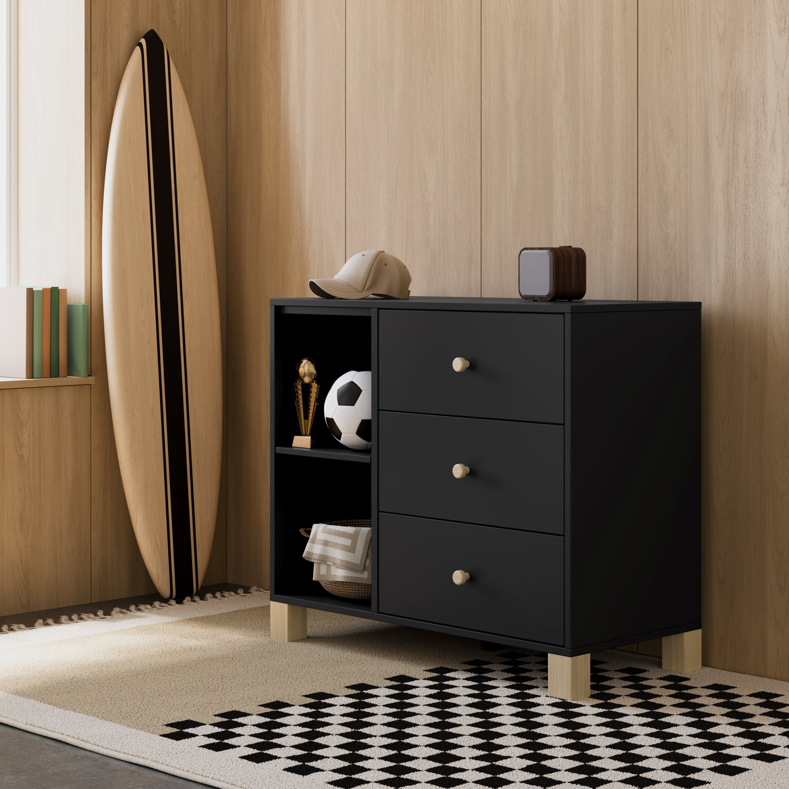 California 3-Drawer Combo Dresser, Black