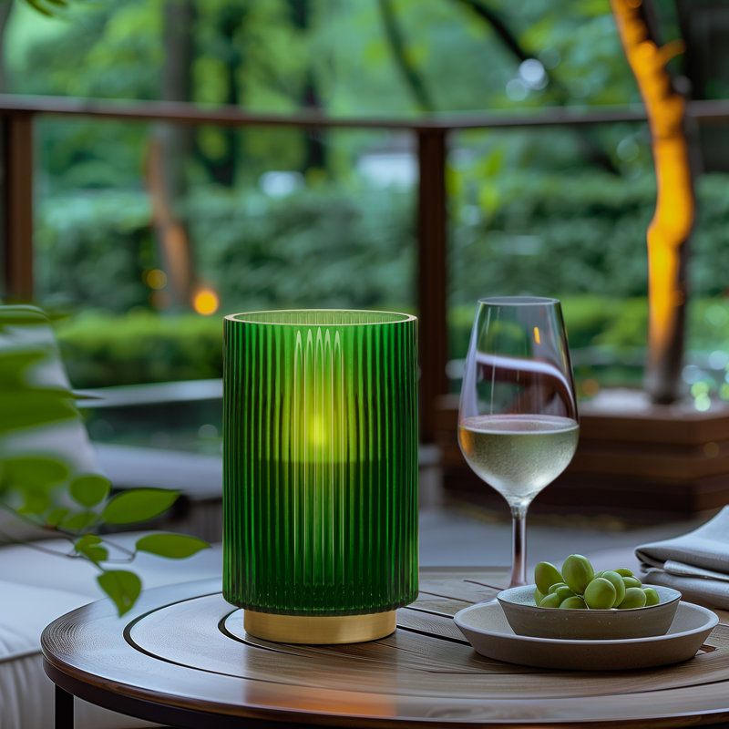 Aybars Ribbed Glass Hurricane Table Vase, 7.5" H x 4.5" W x 4.5" D, Green/Gold