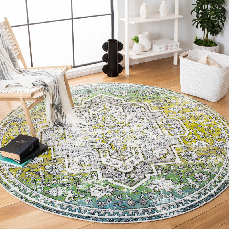 Tapis oriental vert / gris, Rond 6 pi 7 po
