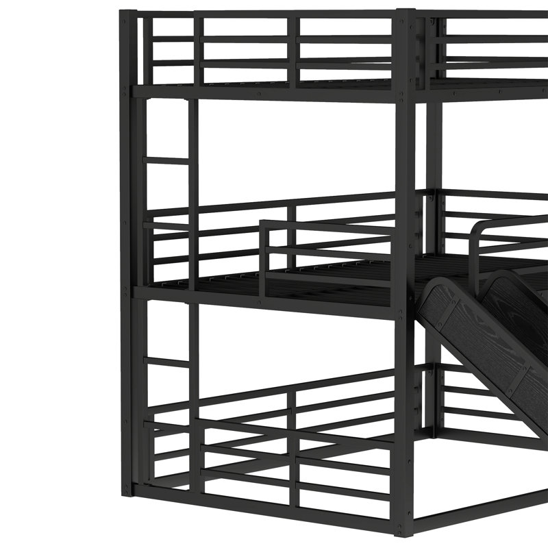 Full over Full over Full Bunk Bed with Slide,Metal Triple Bunk Bed with Safety Guardrails — Heavy-Duty, Noise-Reducing, Space-Saving Black Bunk Bed