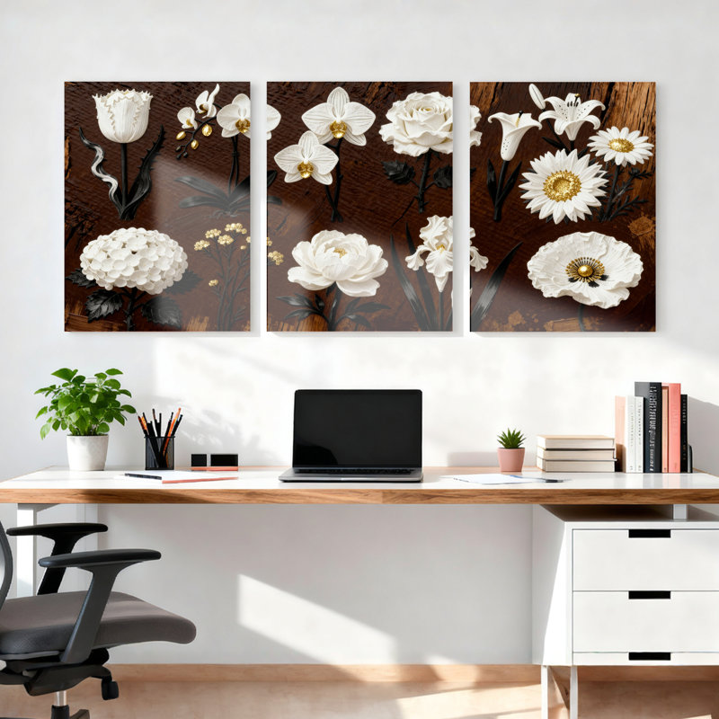 Toile murale blanche à motifs floraux et botaniques (lot de 3), H 36 po x l 72 po
