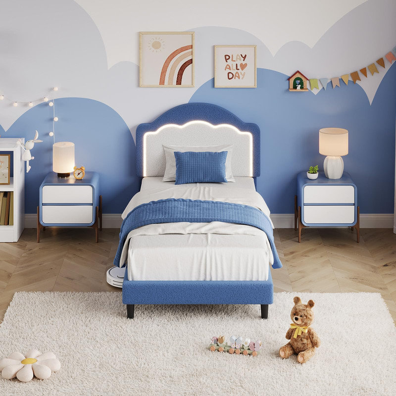 Base de lit réglable pour tête de lit pour enfant, taille simple - Revêtement en molleton Sherpa - Support en lattes de bois - Capacité de 750 lb - Aucun sommier requis - Assemblage facile