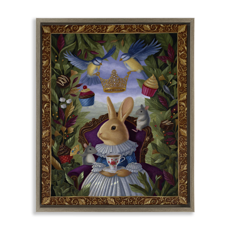«Classic Rabbit Tea Party», art mural sur toile flottant gris par Gina Matarazzo, Cadre flottant orme Montalcino