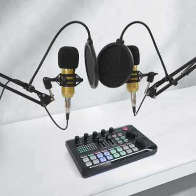 F998 Live Sound Card With BM800 Condenser Microphone Professional Audio Mixer(Black Gold Color)