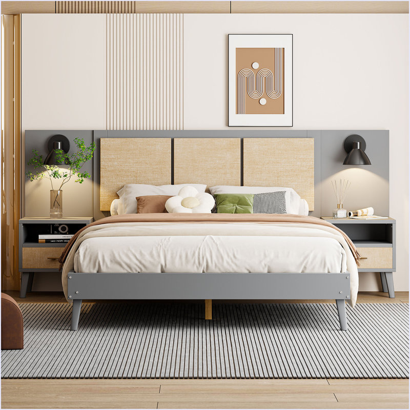 Structure de lit grand en bois massif avec 2 tables de chevet, conception élégante avec lampes, Gris