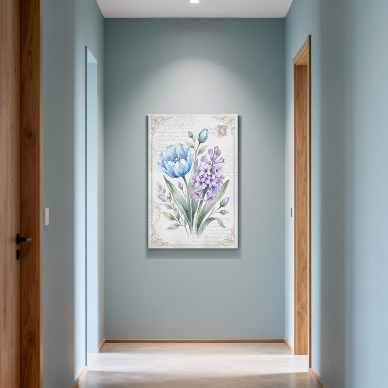 Plantes et fleurs, tulipe bleue et jacinthe mauve, imprimé floral, H 20 po x l 30 po