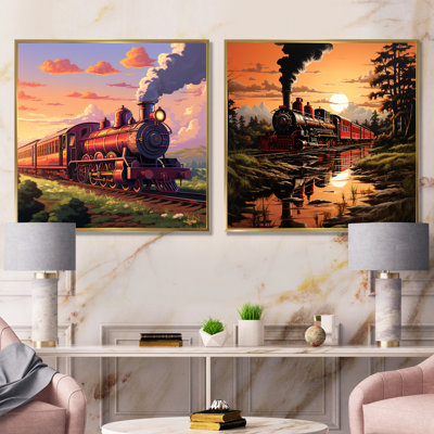 «Sunset Train Voyage In Usa I» - ensemble de 2 pièces d'art mural