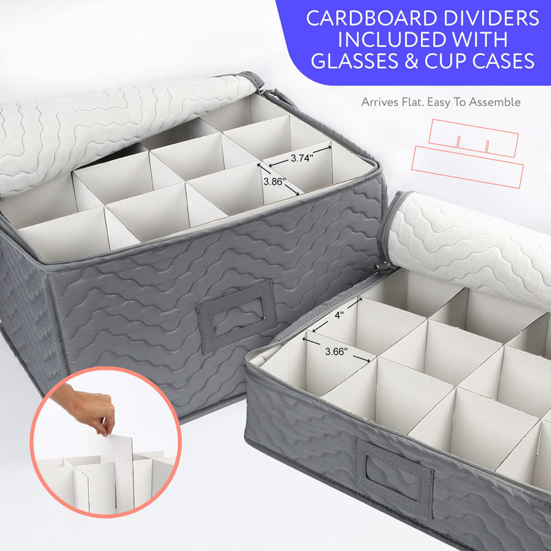 Storage Containers - Quilted 6-Piece Set Storage Box- Stores Chinaware, Stemware, Dinnerware,Grey