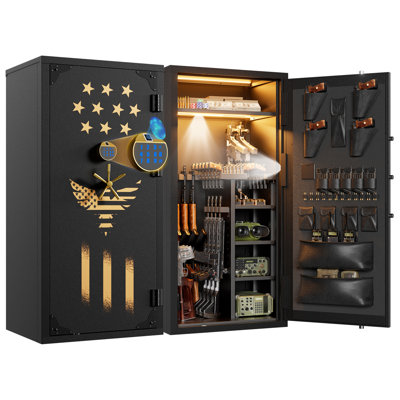 Grand coffre-fort à accès rapide pour carabine biométrique | Peut contenir 29 armes à feu configurables (29 fusils + 4 pistolets ou 17 fusils + 16 pistolets) | Porte-fusil / fusil de chasse, poches de rangement, tablettes amovibles, mode silencieux, éclairage à DEL et batterie externe | Porte à 180 °, non assemblée