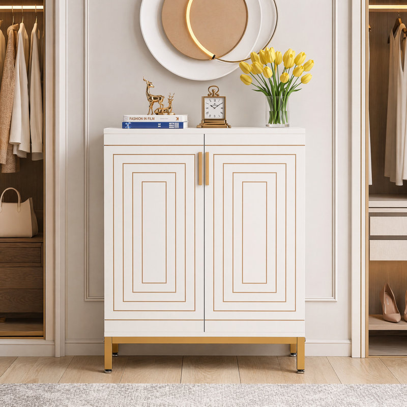 Dracut 20 Pair Shoe Storage Cabinet, White/Gold