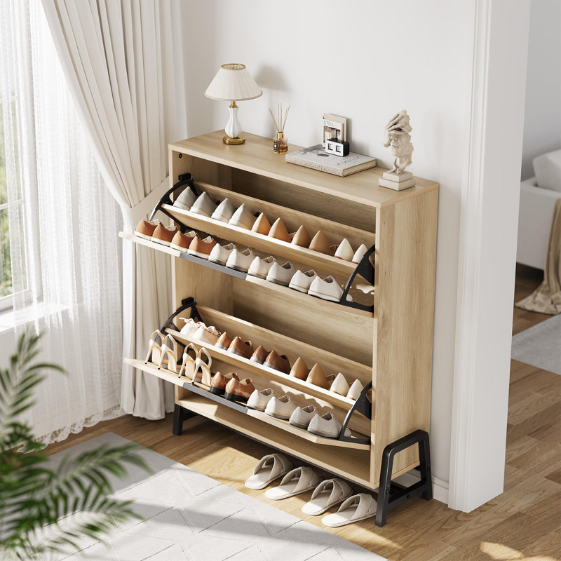 Narrow Shoe Cabinet Storage for Entryway with 2 Flip Drawers, Wood Shoe Rack Cabinet with Metal Legs, Tan