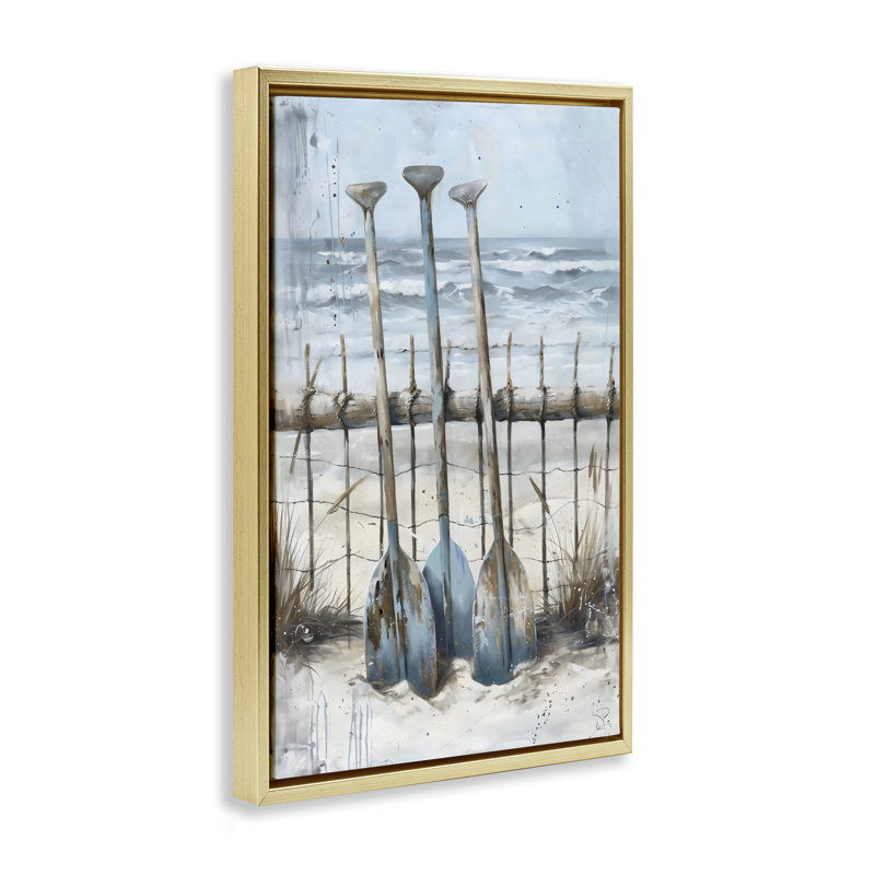 Cadre flottant Summer Oars Against Fence, design par LSR Creative Studio, H 25 po x l 17 po, Cadre flottant métallique doré
