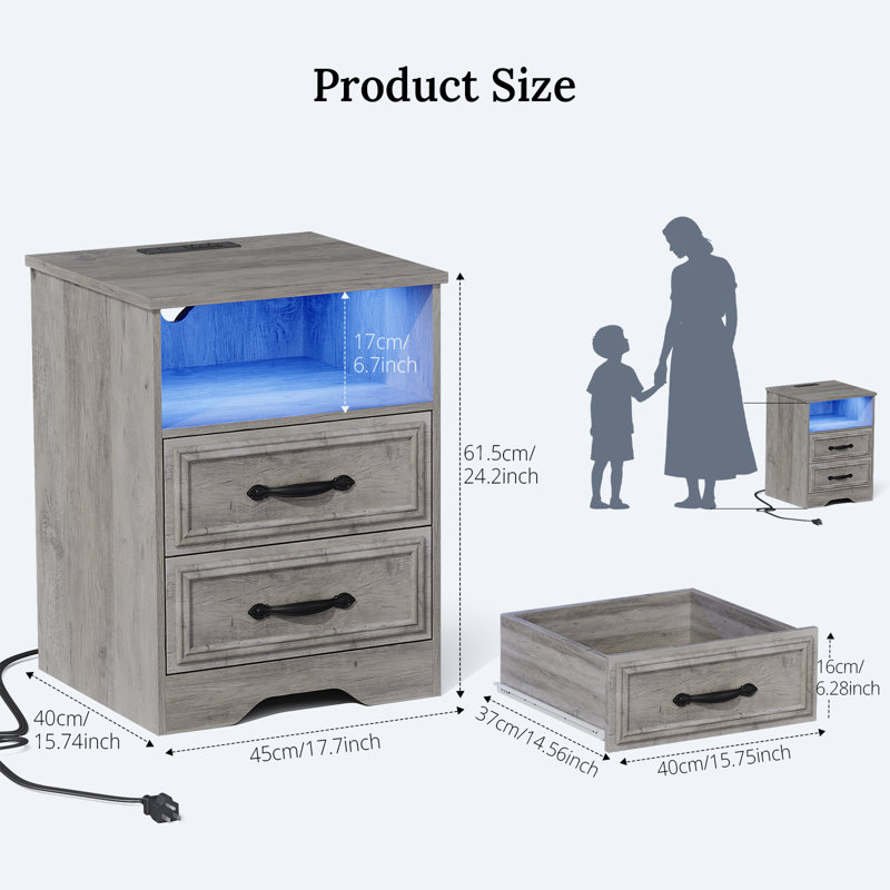  Ensemble de commode 3 pièces - commode 10 tiroirs et deux tables de chevet 2 tiroirs avec station de charge, gris délavé