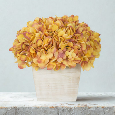 Synthetic Fabric Gold/Burgundy Hydrangea Arrangement in Planter