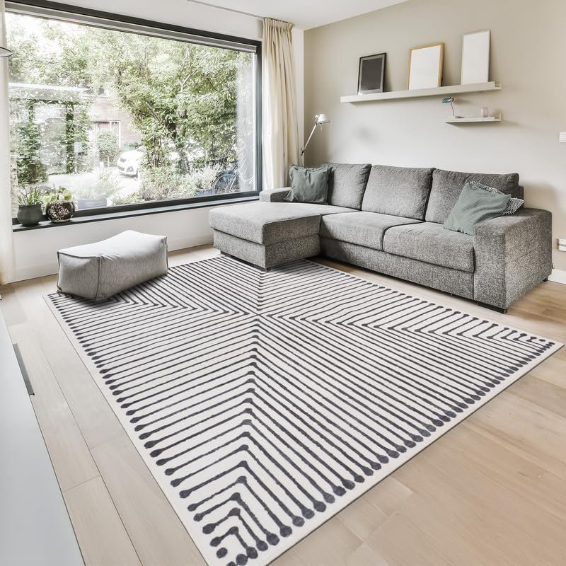 Nysa - Indoor, Machine Washable Area Rug - 4'x6' Black Beige Home Carpet, Rectangle 4' x 6'
