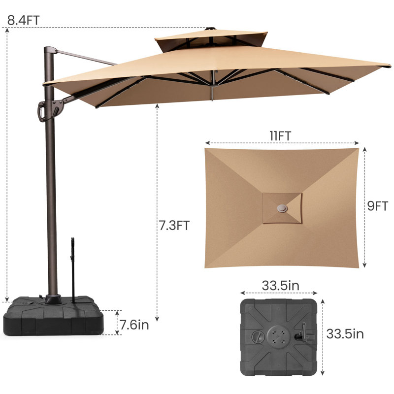 9' X 11' Rectangular Cantilever Umbrella, Counterweights Base Included – Effortlessly Movable by One Person, Tan