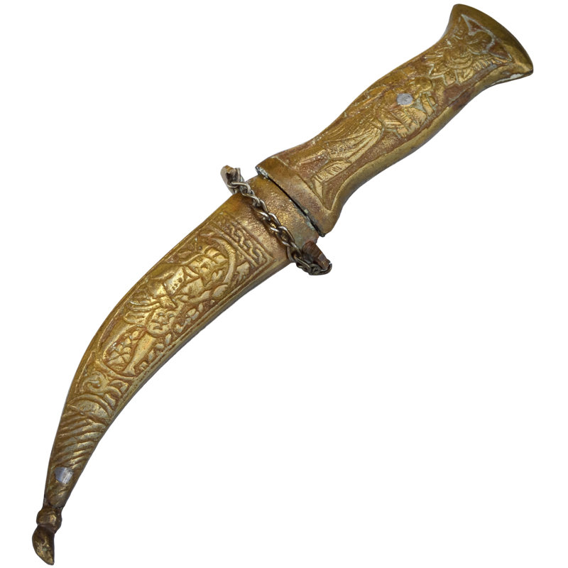 Early 20Th Century Handmade Babylonian-Patterned Brass Dagger