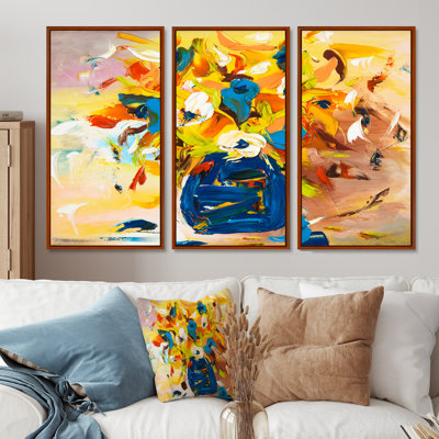 «A Vibrant Flower Bouquet» en jaune et bleu - peinture sur toile flottante 3 pièces