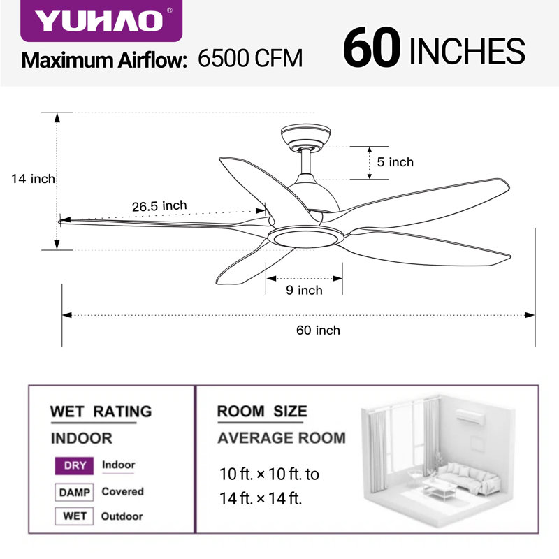 Modern 60'' 5-Blade Dimmable LED Indoor Ceiling Fan With Reversible Motor And Remote Control, White
