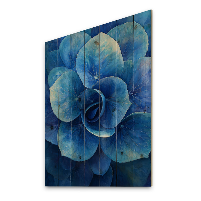 Blue Green Hydrangea Vortex II - Hydrangea Wood Wall Decor - On Natural Pine Wood, 20" H x 10" W x 0.78" D