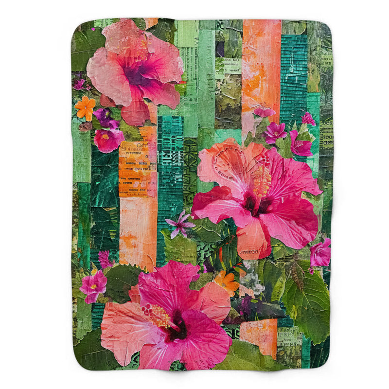 Hawaiian Blooms - Jeté Sherpa de qualité supérieure 1 pièce, L 60 po x L 80 po