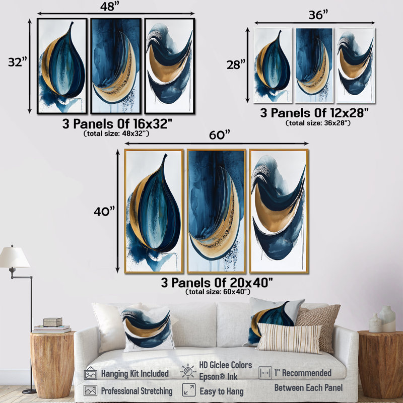 «White and Blue Folk Fruit Abstract I», impression d'art abstrait rouge sur 3 panneaux, H 32 po x l 48 po, Toile tendue