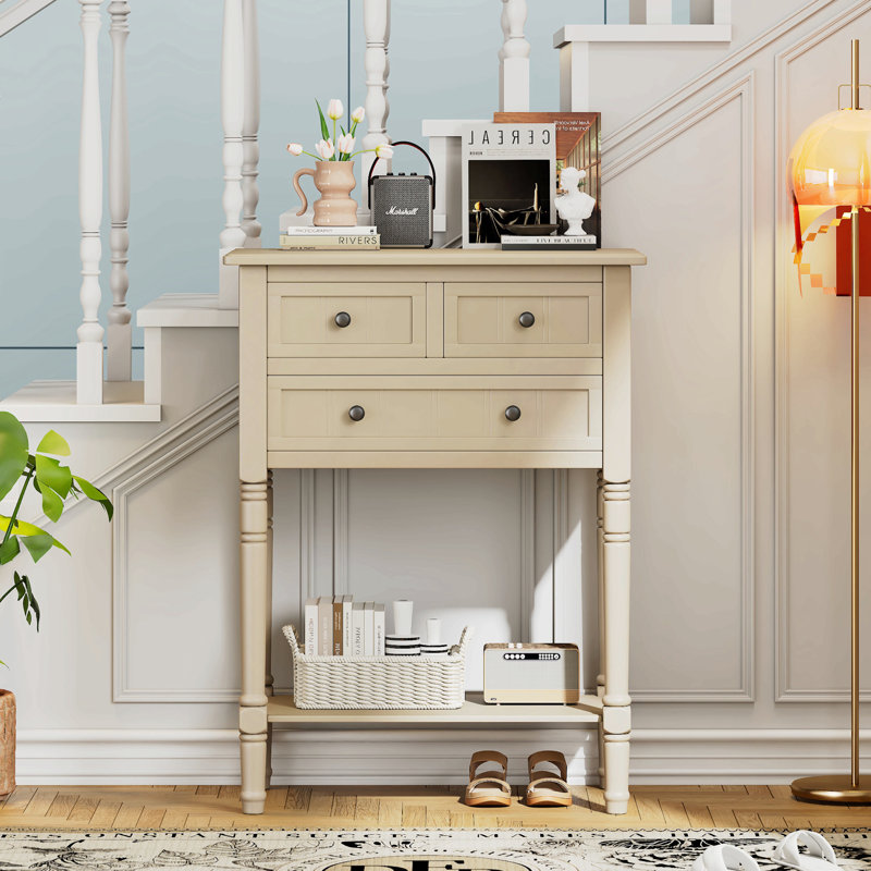 Console étroite, canapé mince avec trois tiroirs de rangement et tablette inférieure, Beige