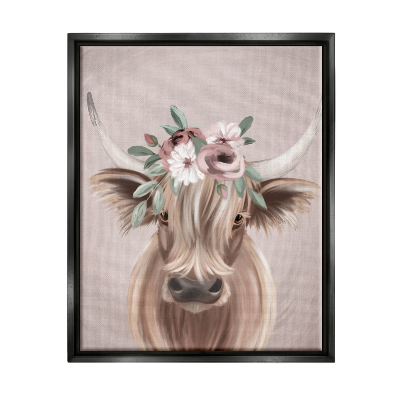 «Highland Clever Pink Flower Crown» par Jo Taylor - peinture sur toile à cadre flottant, Cadre flottant noir de jais