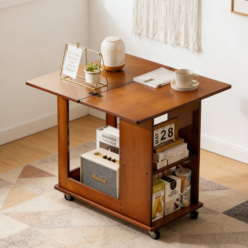 Table d'appoint compacte en bambou avec rangement et roulettes pour petits espaces