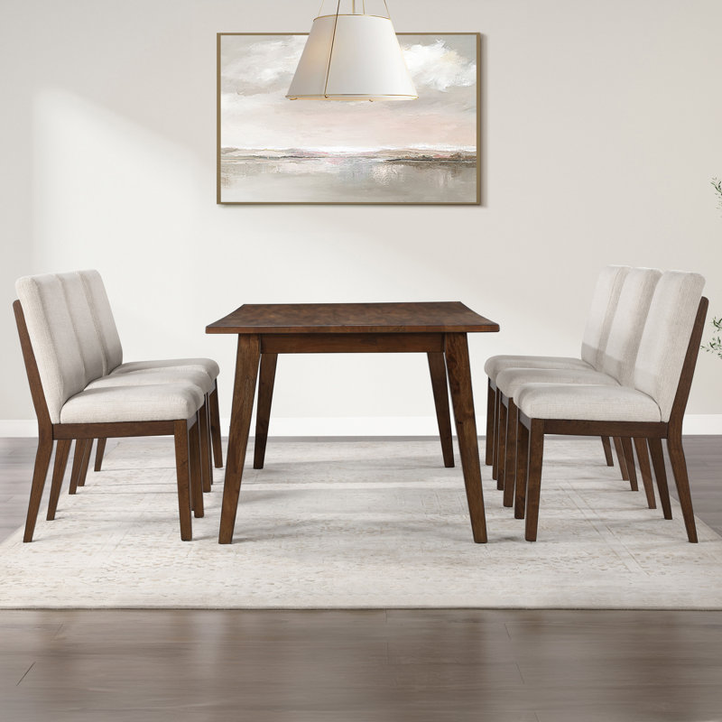 Tariel 72" Solid Wood Dining Set with Upholstered Chairs, 7 Pieces: Table, 6 Chairs