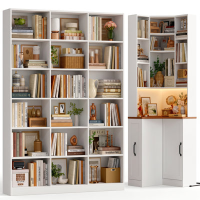 Ensemble de rangement de bureau 2 pièces : Meuble de coin en forme de L avec éclairage DEL et station de recharge + Bibliothèque triple à 6 niveaux