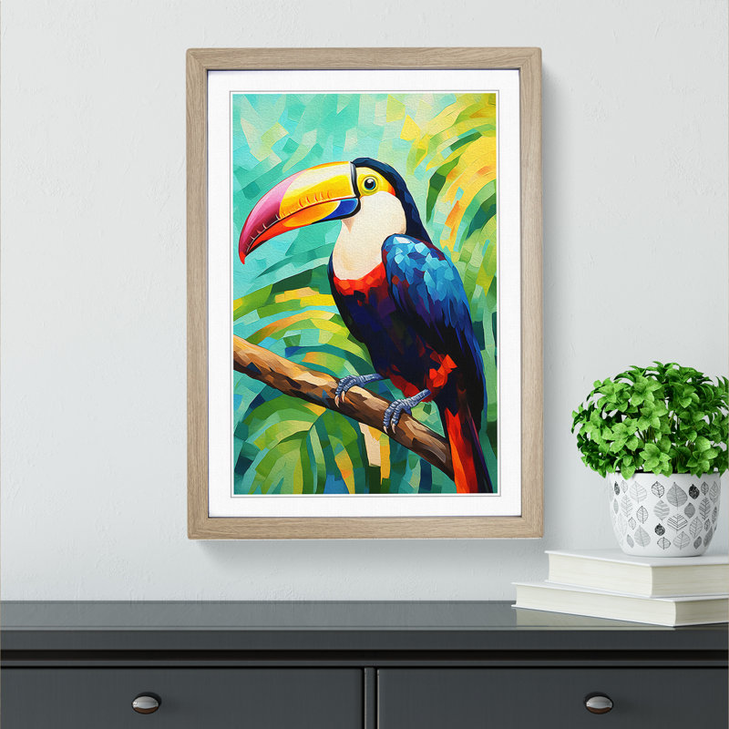 Toucan Abstract - Single Picture Frame Print on Wood, 64cm H x 46cm W x 2cm D, Oak